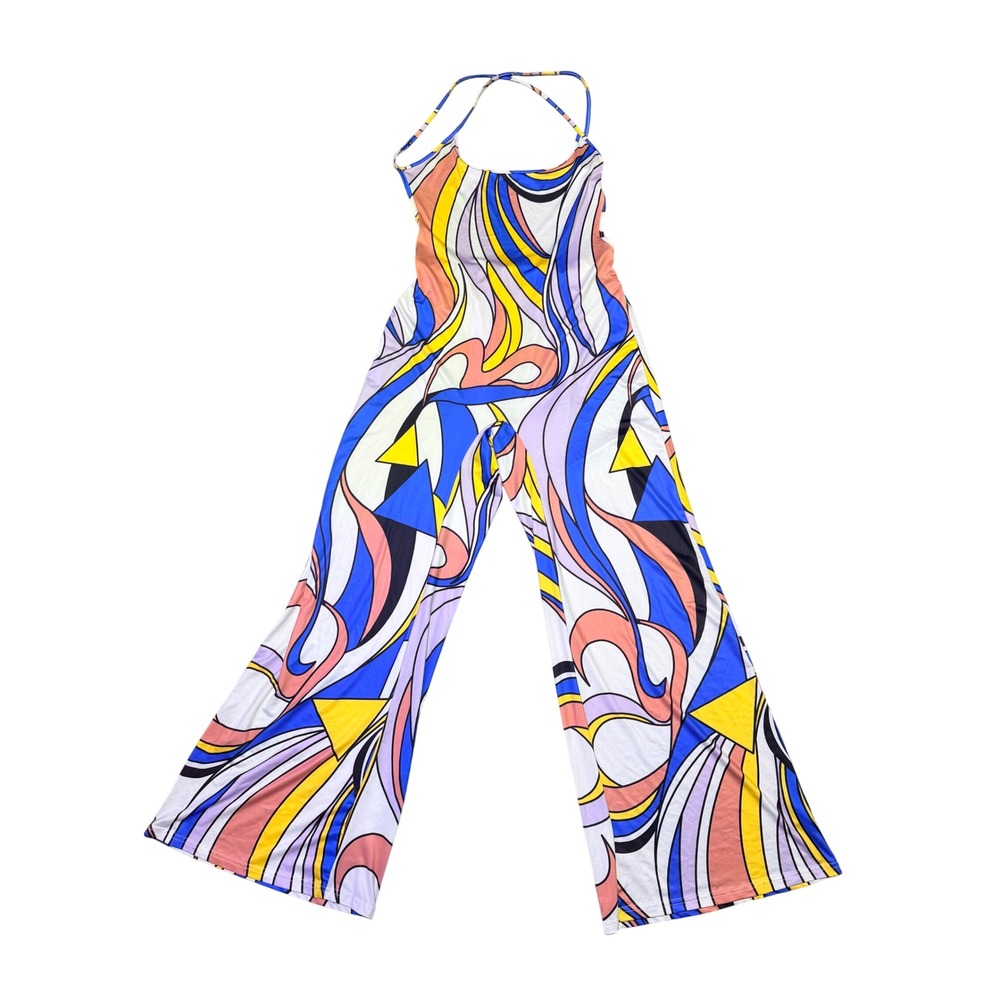Retro Mod Halter Jumpsuit Wide Leg Bell Bottom Backless Large